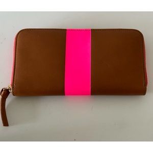 Clare V. Zip Wallet Leather Neon Pink Stripe Full Zip